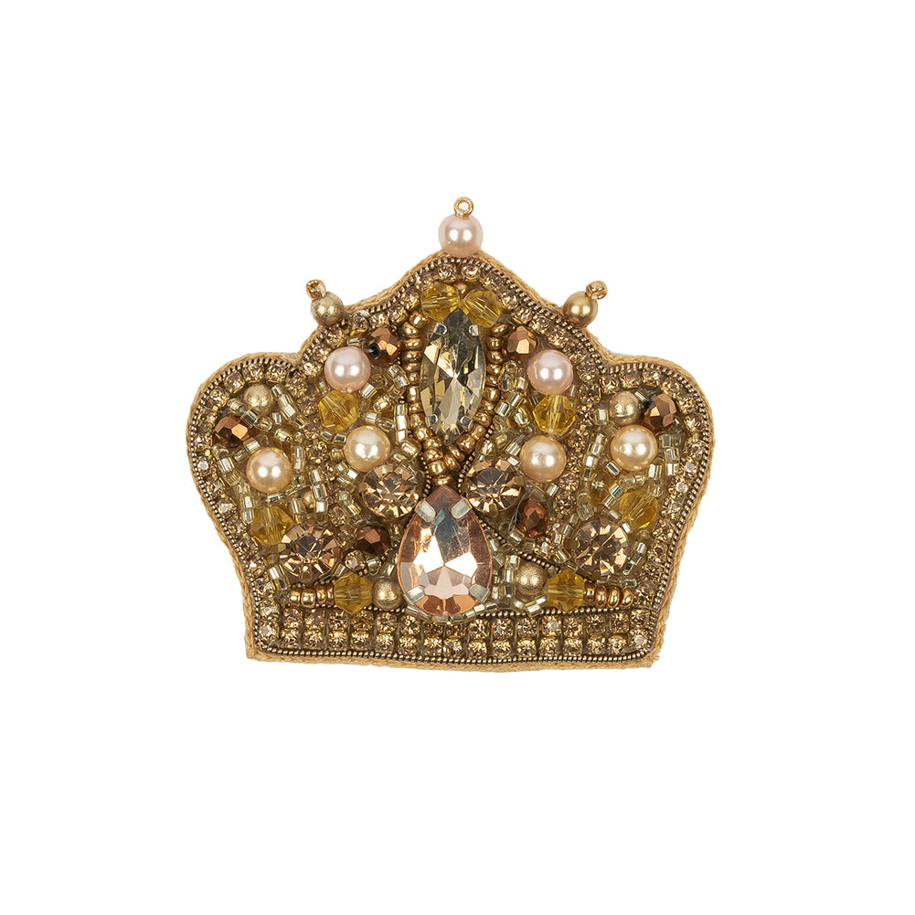 Gold and Pinkish Beige Crown Rhinestone and Glass Beaded Applique - 2