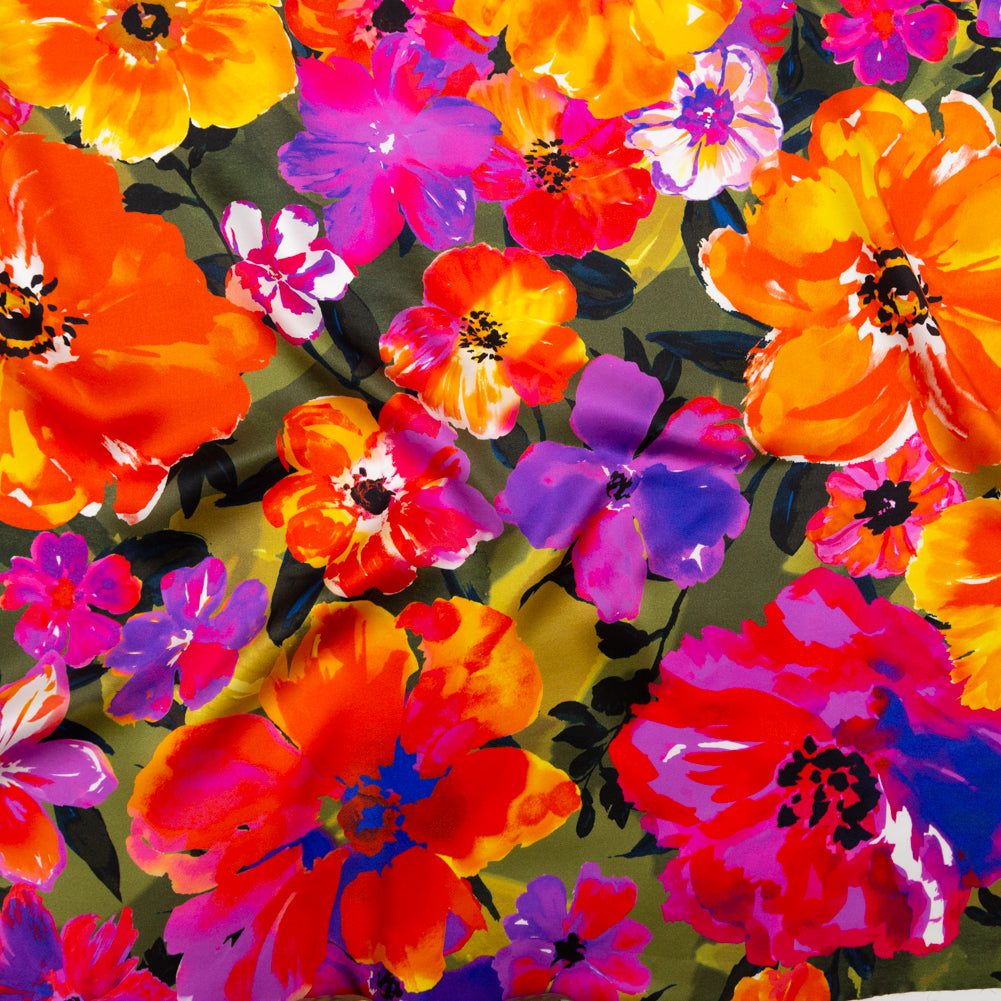 Mood Exclusive Italian Proper Pink and Tangy Orange Floral Digitally Printed Silk Charmeuse - Joann Fabrics