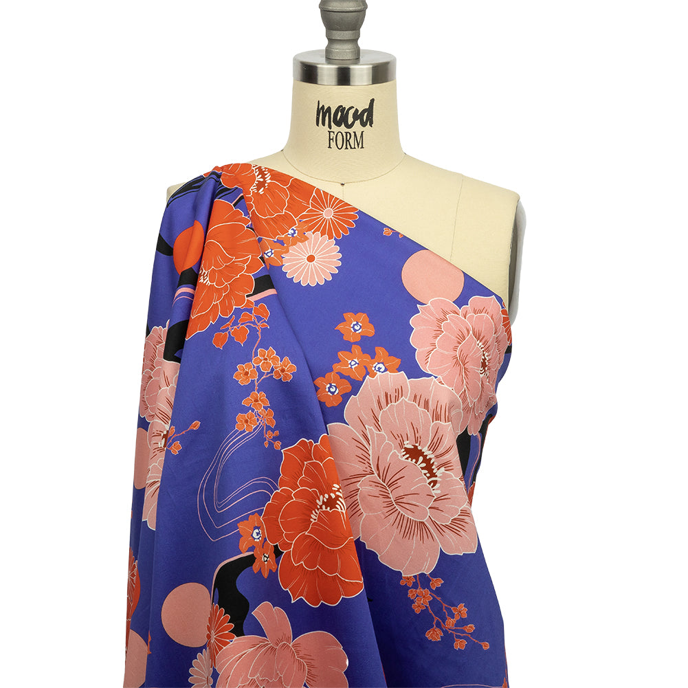 Stretch Cotton Sateen - Blue and Pink Floral - Japanese Daydreams Print - Mood Exclusive Groove Collection - Joann Fabrics