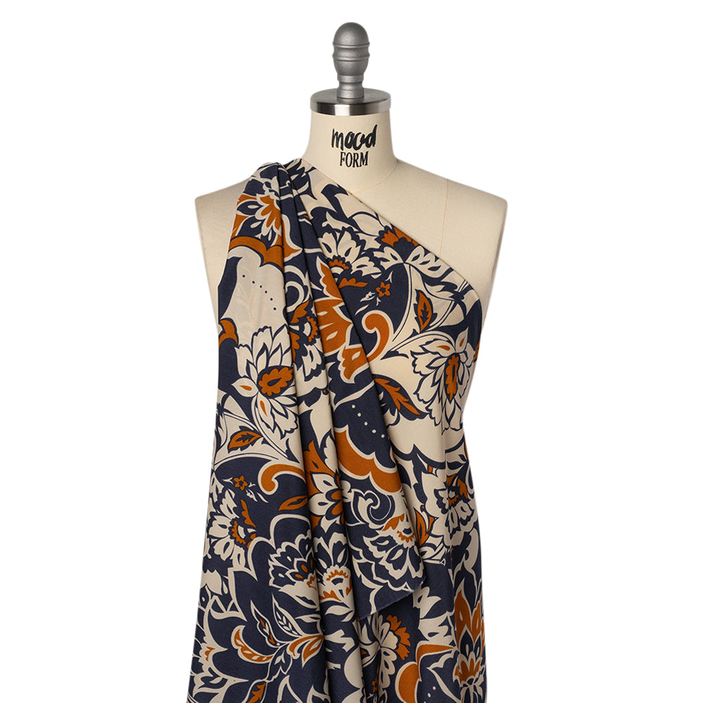 Polyester Crepe de Chine - Navy, Burnt Orange and Cream Beige Floral - Designer Deadstock - Joann Fabrics
