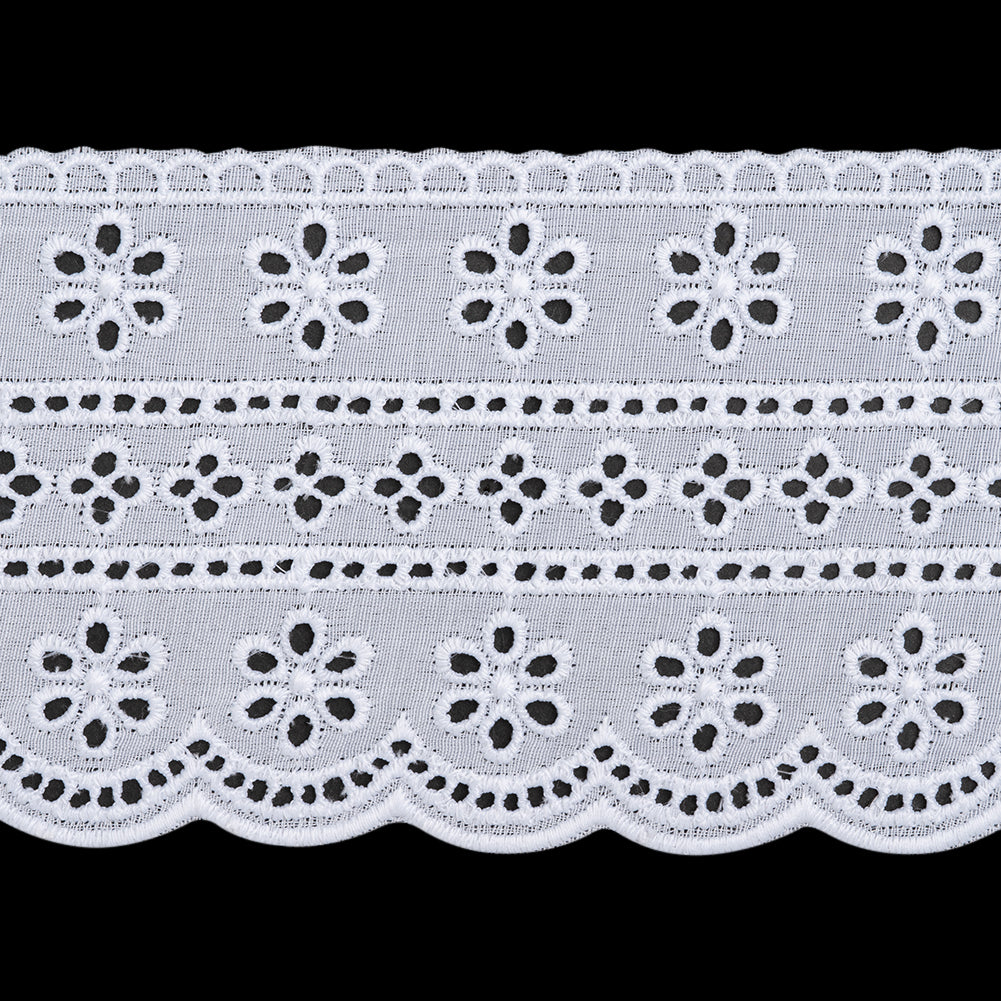 Cotton and Polyester Embroidered Eyelet Lace Trim with Scalloped Edges - 3.5
