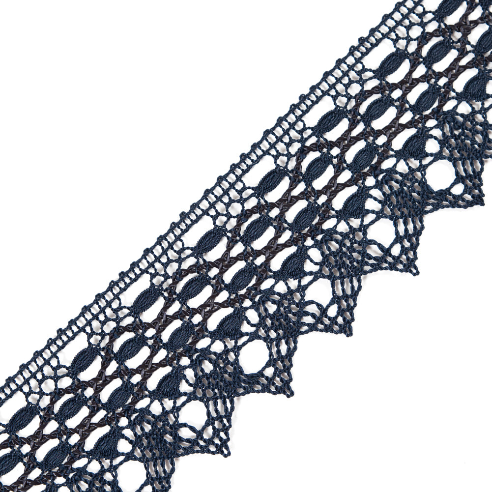 European Navy Scalloped Crochet Lace Trim with Satin Ribbon Detail - 2