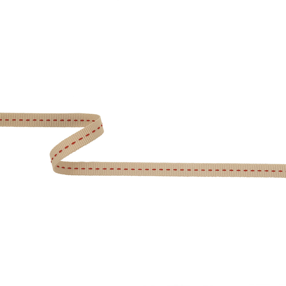 Tan Grosgrain Ribbon with Red Stitching Detail - 0.375