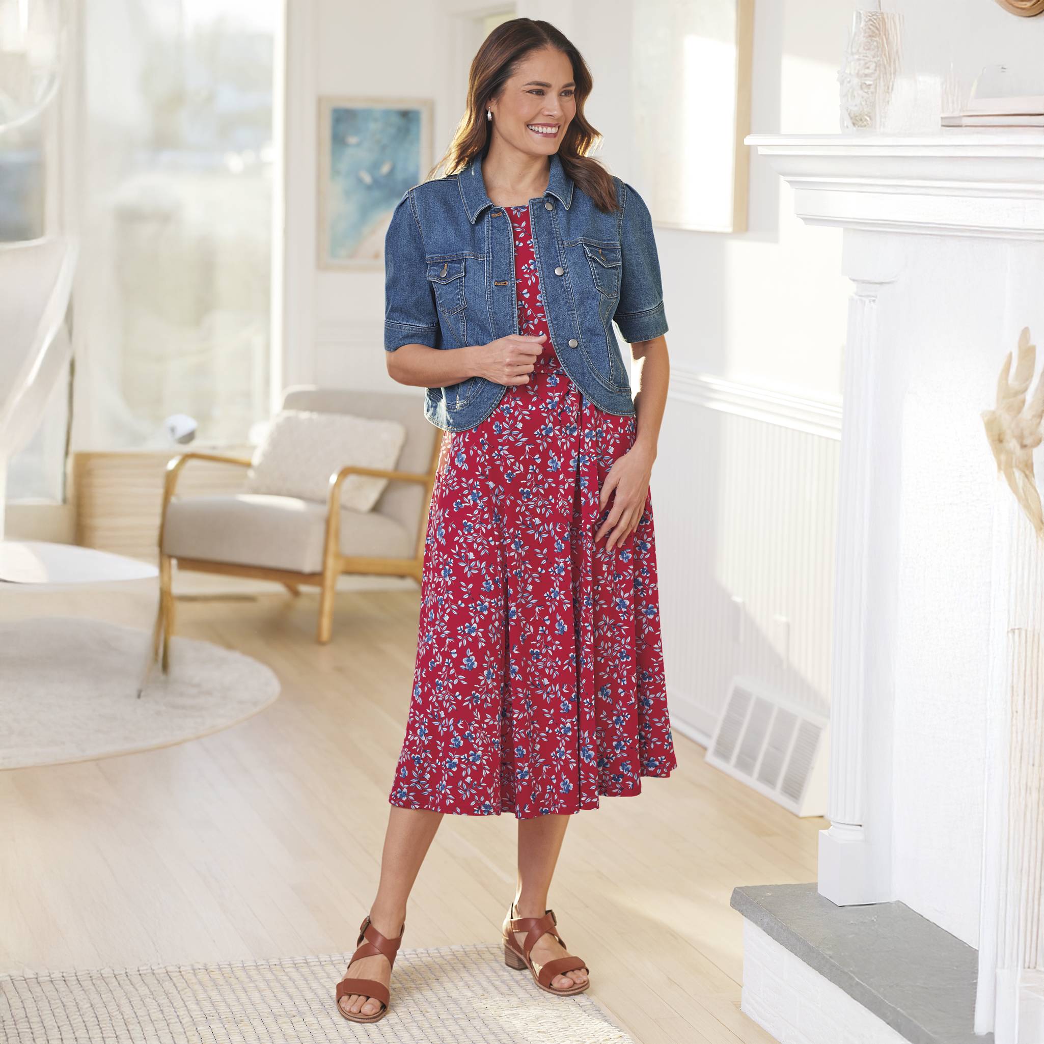 Leafy Floral Knit Dress, Elbow Sleeves, Removable Sash - Northstyle Catalog