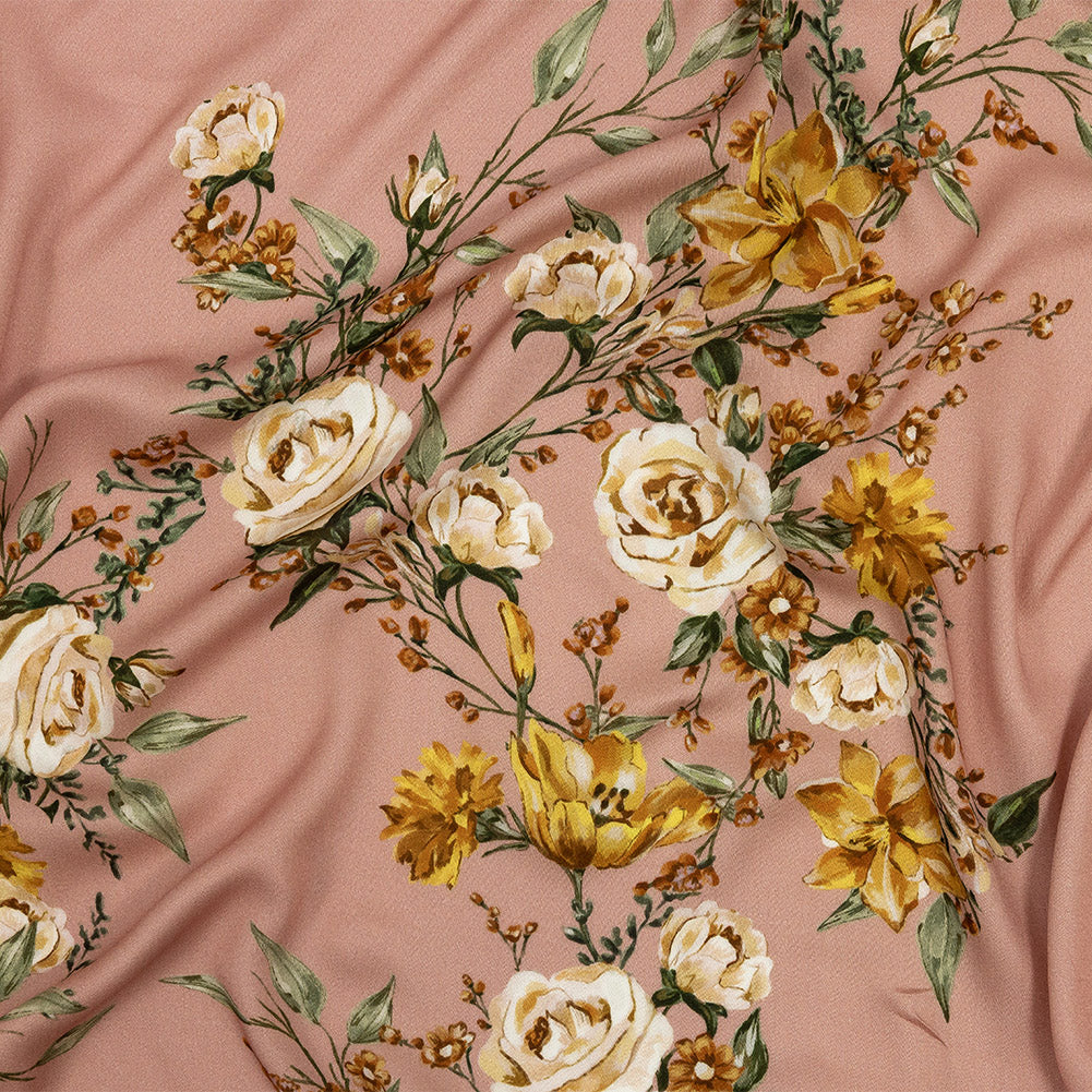 Rayon Challis - Pink, Yellow and White Rose Sprays - Bella Verona Print - Mood Exclusive Viso Collection - Joann Fabrics