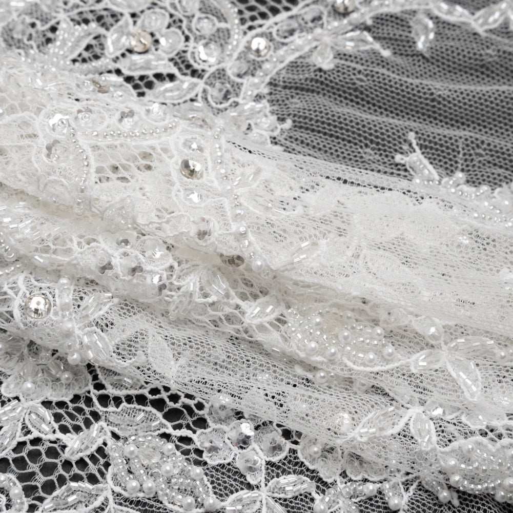 Beaded Bridal Lace Trim with Scalloped Edges - White Floral - 13