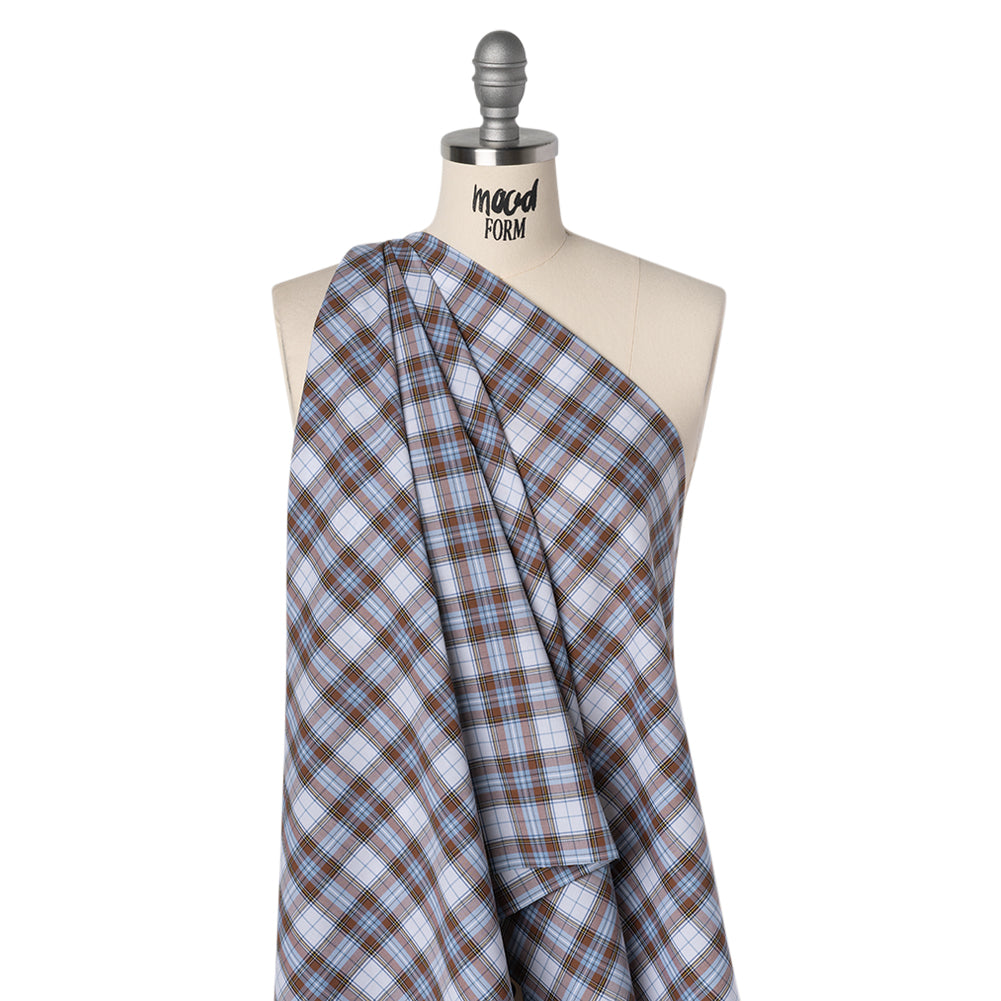 Cotton Shirting Made in Italy - Russet Brown, Country Blue and White Plaid - Designer Deadstock - Joann Fabrics