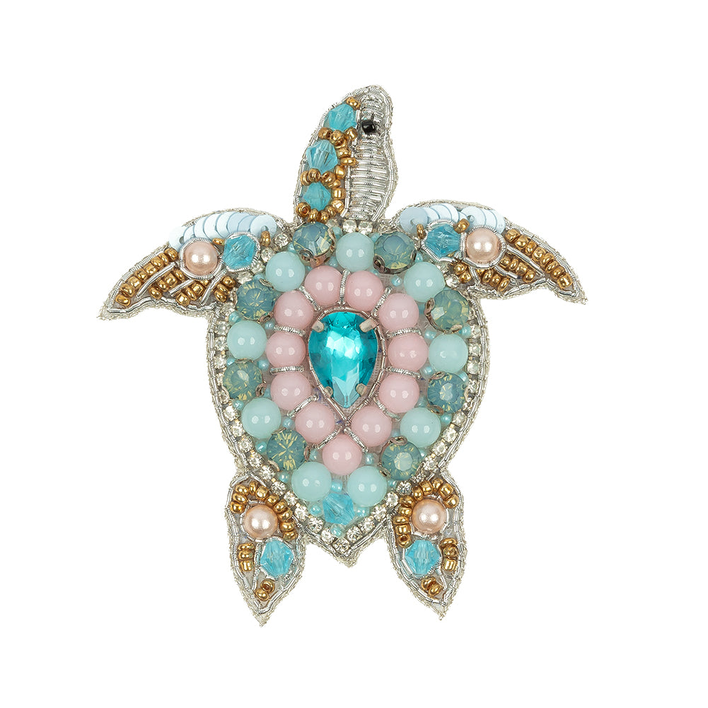 Silver, Baby Blue and Pale Pink Sea Turtle Rhinestone and Glass Beaded Applique - 2.75