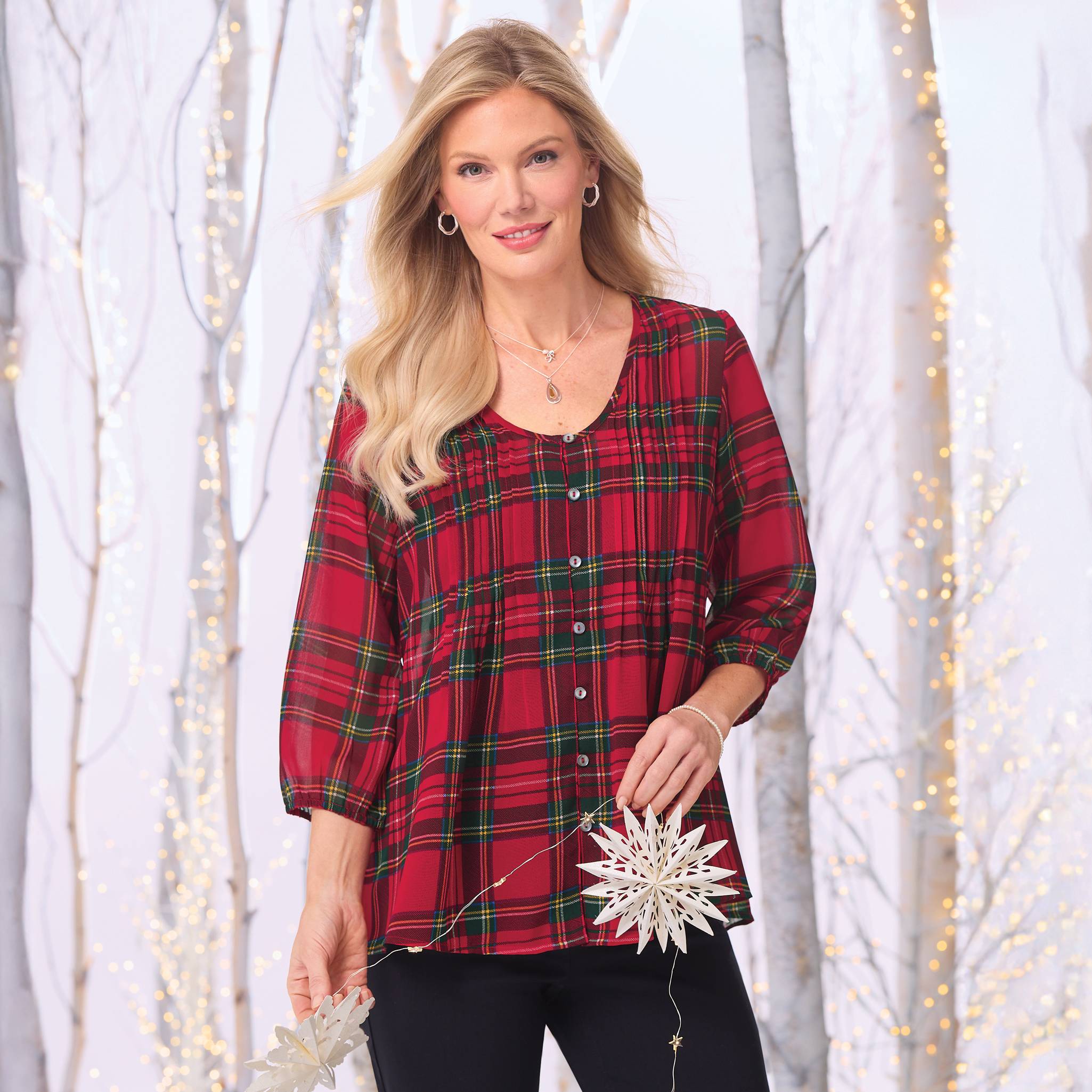 Plaid Georgette Blouse, Three-Quarter Sleeve, Sheer - Northstyle Catalog
