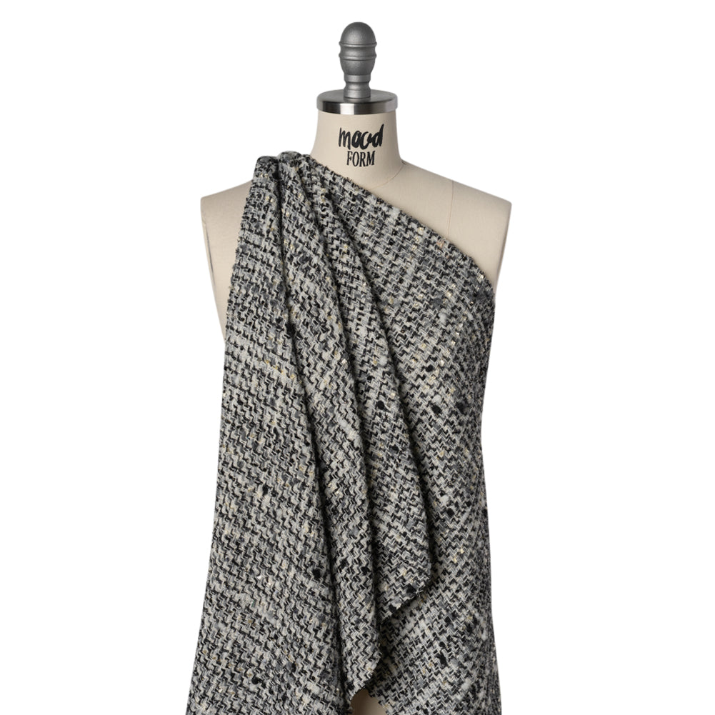 Wool Blend Boucle Tweed with Metallic Eyelash Fringe Made in Italy - Black, White and Gray Plaid - Deadstock - Joann Fabrics