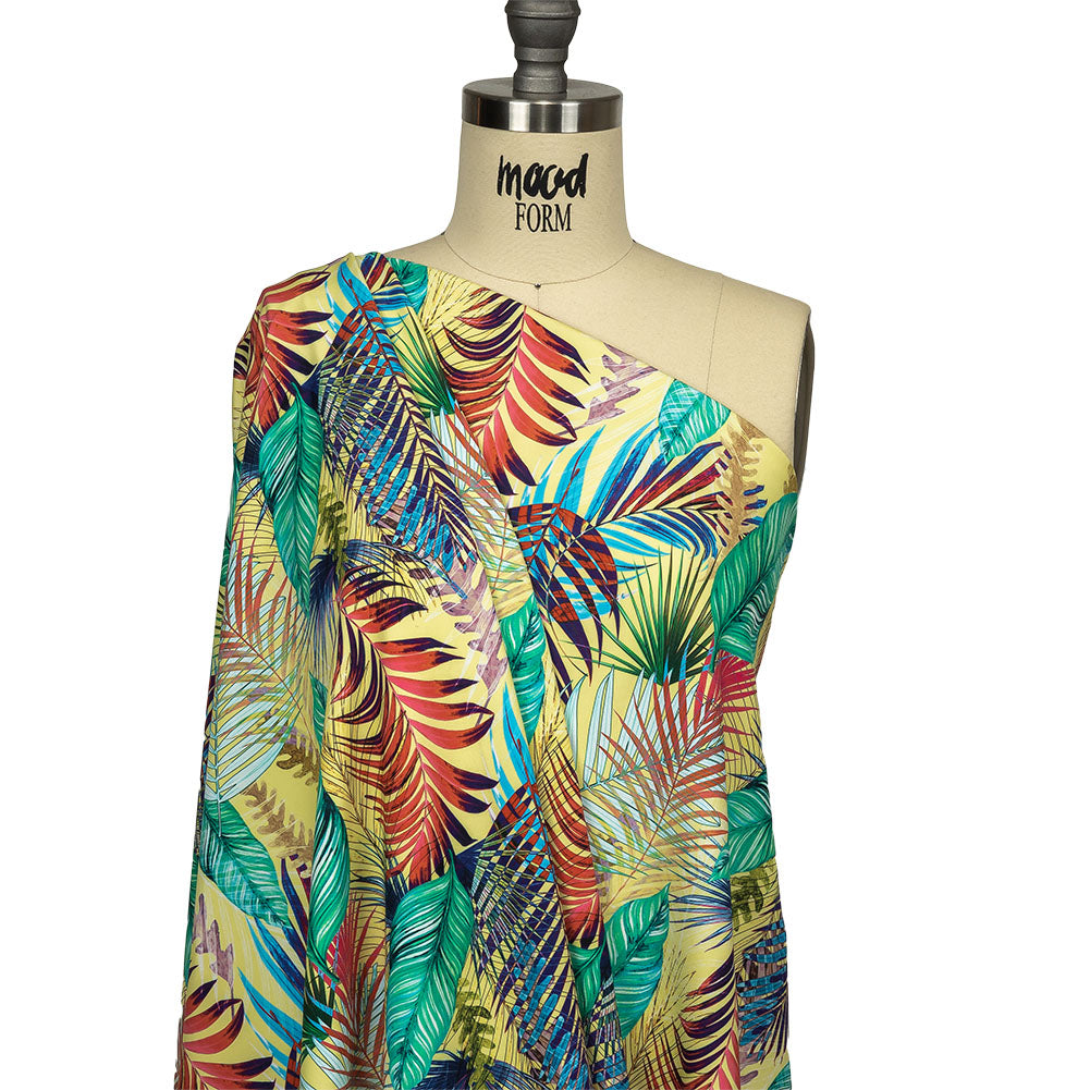 Yellow, Teal and Pink Foliage UV Protective Compression Swimwear Tricot with Aloe Vera Microcapsules - Joann Fabrics
