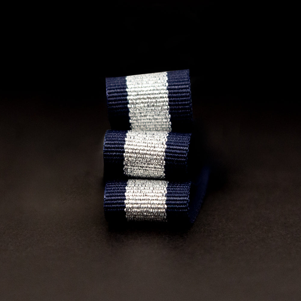 Italian Metallic Silver and Navy Striped Grosgrain Ribbon - 0.625