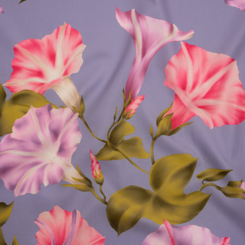 Peached Polyester Twill - Periwinkle, Pink and Green Morning Glory Flowers - Mood Exclusive Morning Metamorphosis Print - Joann Fabrics