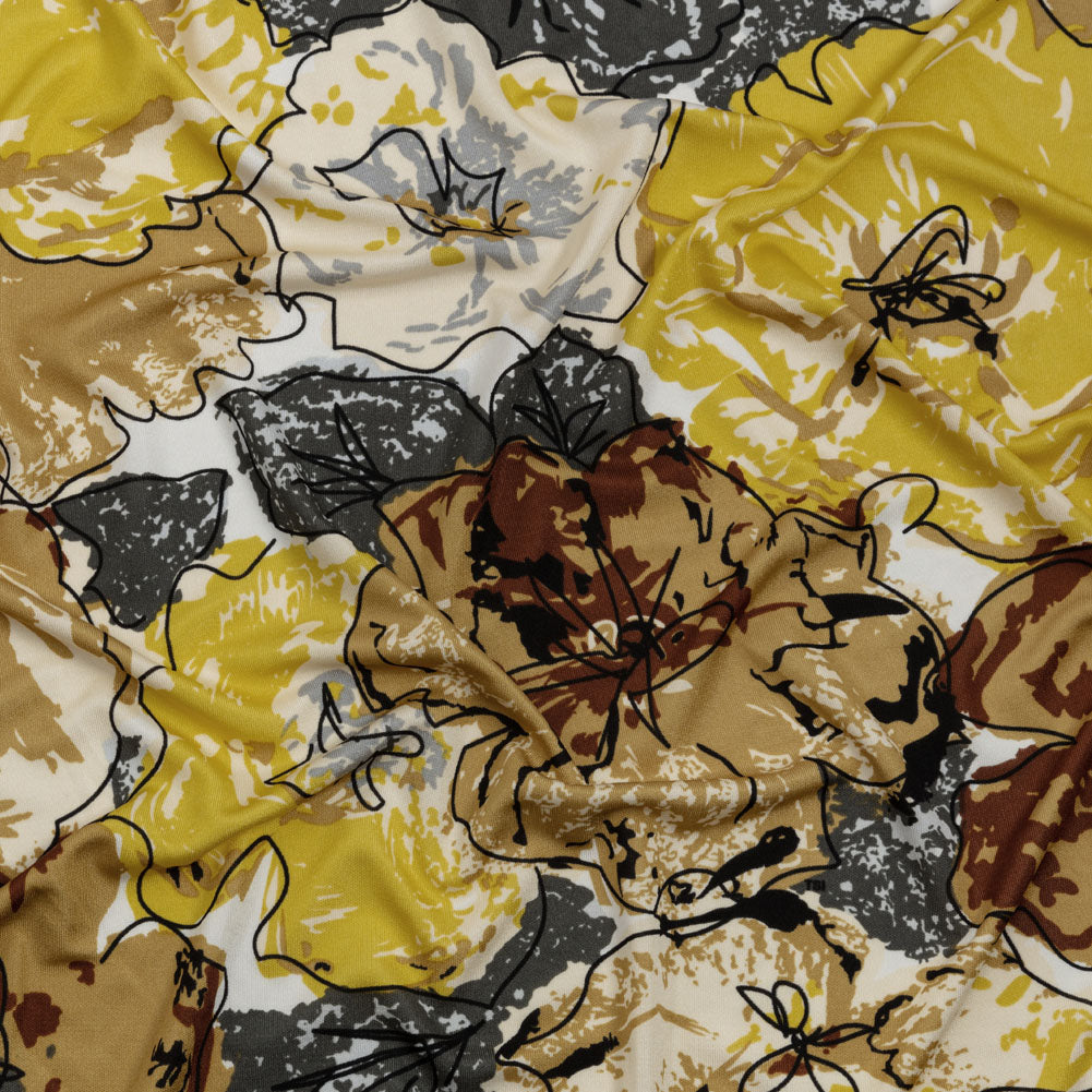 Yellow, Gold and Gray Loose Flowers and Leaves Silk Jersey - Joann Fabrics