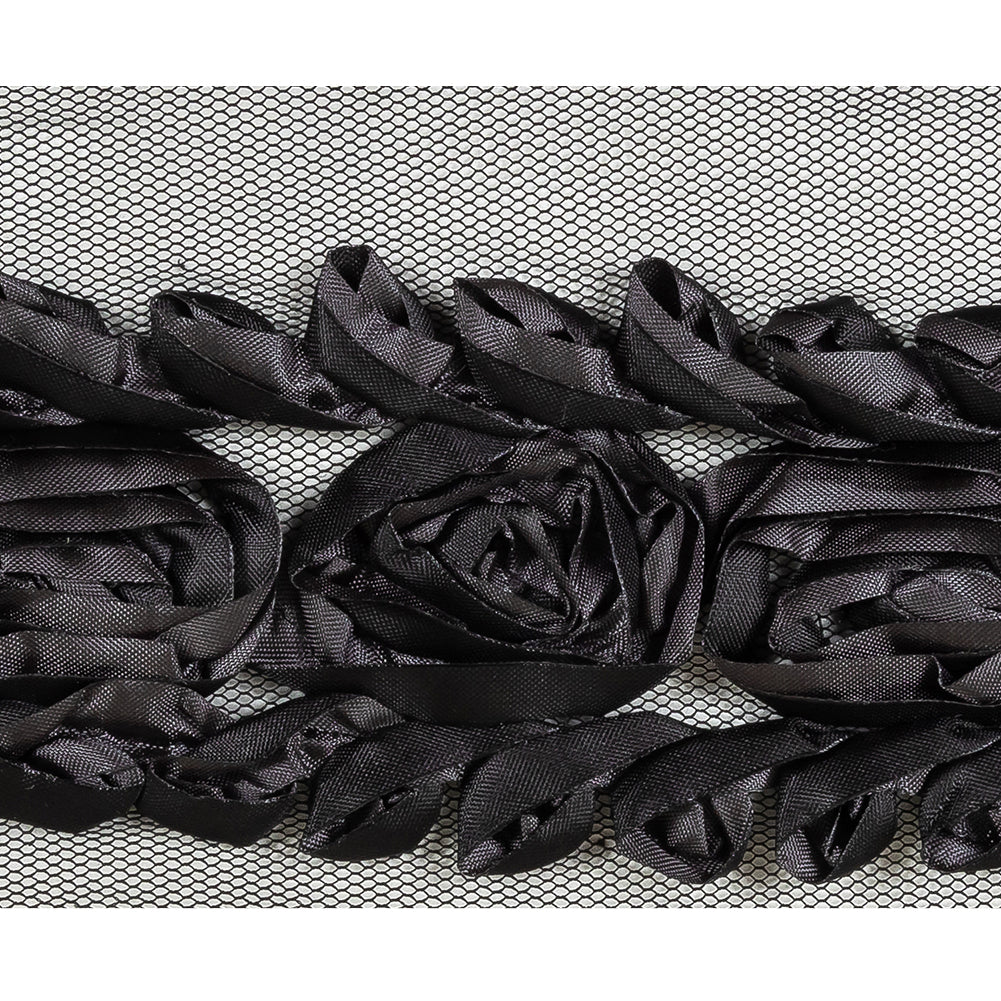 Shimmering Charcoal and Black Roses and Loops Fabric Embroidered Trim on Mesh - 1.875