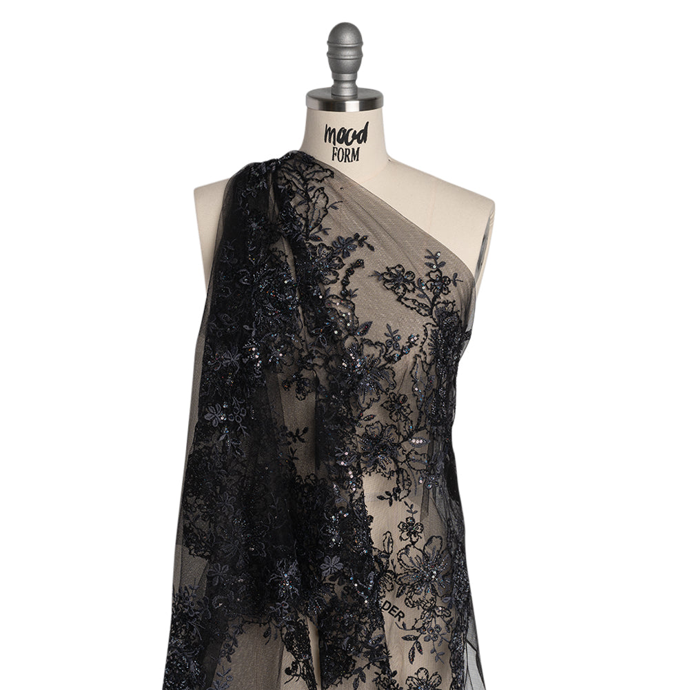 Embroidered and Beaded Lace with Holographic Sequins - Black and Gray Rose Garden - Joann Fabrics
