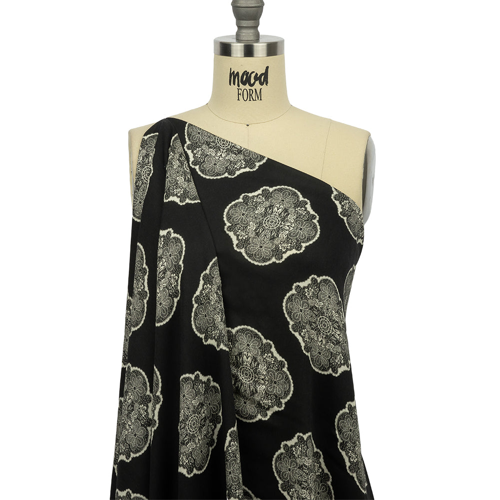 Rayon Challis - Black Lacy Medallions - Cathedral Windows Print - Mood Exclusive Metro Collection - Joann Fabrics