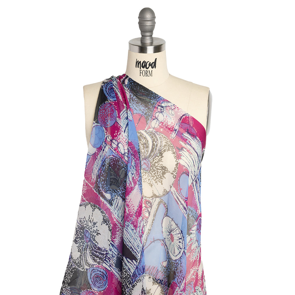 Periwinkle, Magenta and Black Flowers and Blocks Crinkled Silk Chiffon - Joann Fabrics