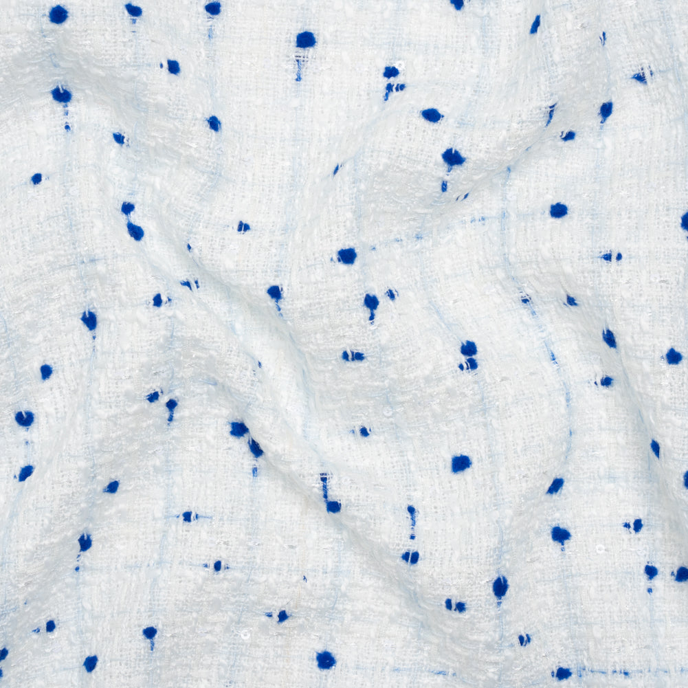Polyester Pom Pom Tweed with Baby Sequins - White and Cobalt Blue - Deadstock - Joann Fabrics