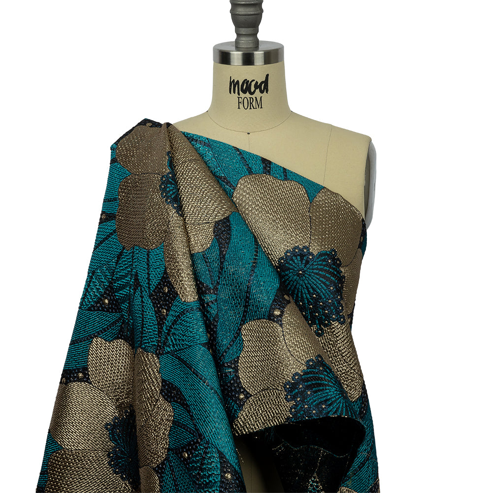 Metallic Gold, Teal and Navy Tropical Flowers Luxury Brocade - Joann Fabrics