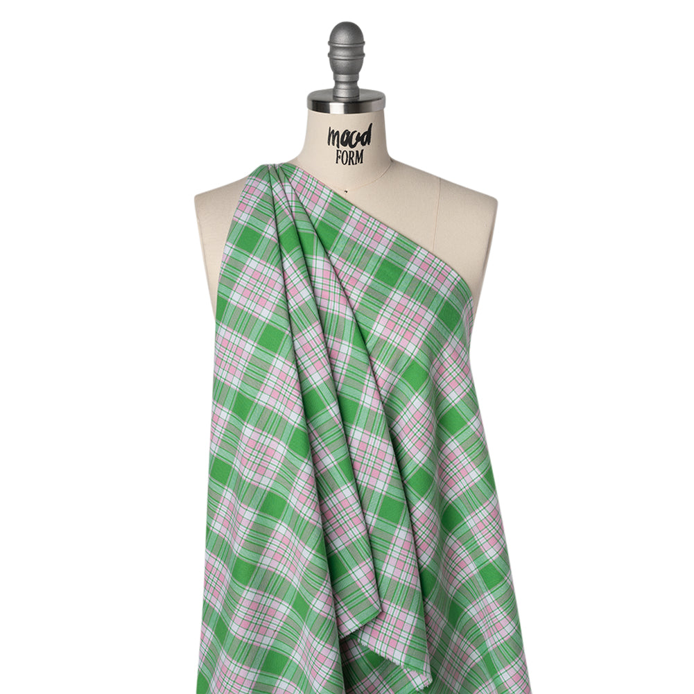 Lightweight Cotton Twill Flannel - Baby Pink, Kelly Green and White Plaid - Deadstock - Joann Fabrics