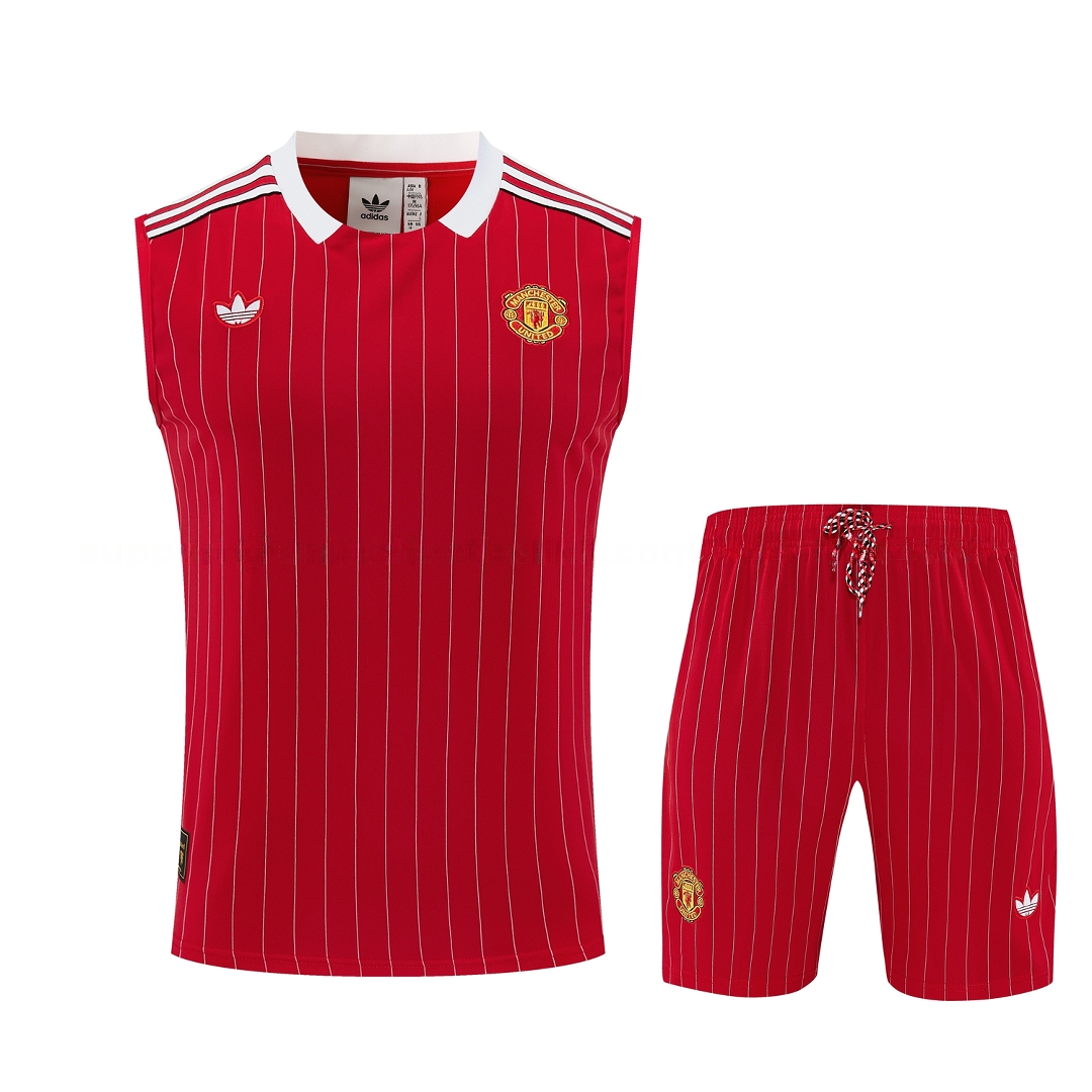 Manchester United 25-26 Retro Style Vest Training Set - Red With White Stripes Top & Pants - UnitedFutballJersey