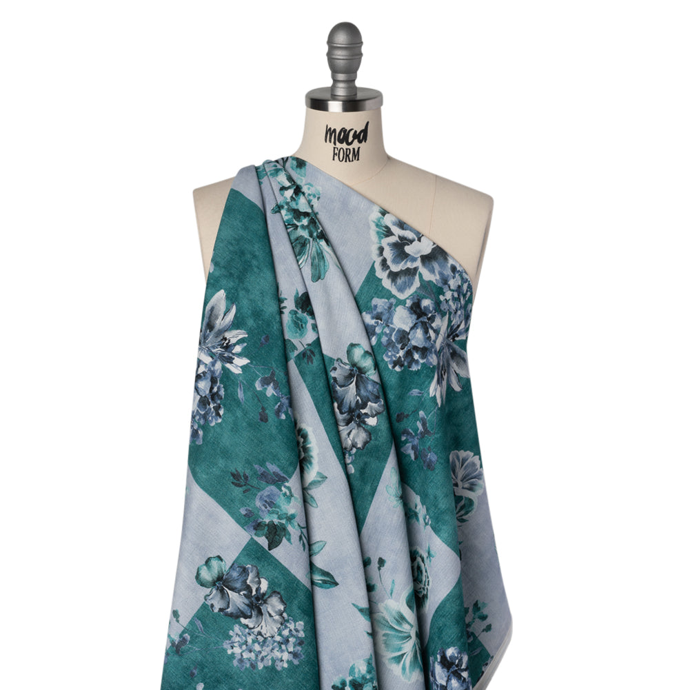 Slubbed Gauzy Cotton Woven - Teal and Blue Big Floral Checkerboard - Mood Exclusive Checkerbloom Print - Joann Fabrics