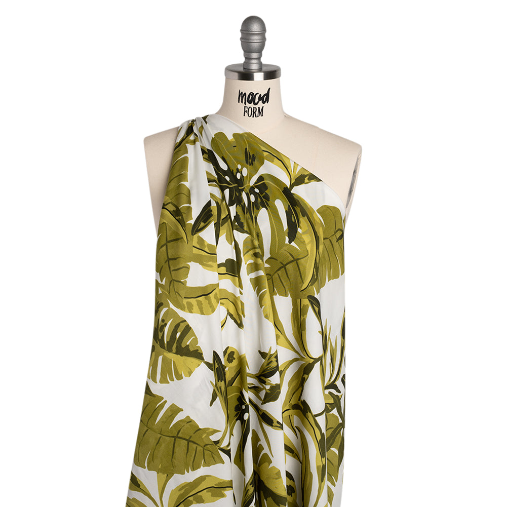 Rayon Challis - Green and White Tropical Leaves - Mood Exclusive Paradise Rhapsody Print - Joann Fabrics