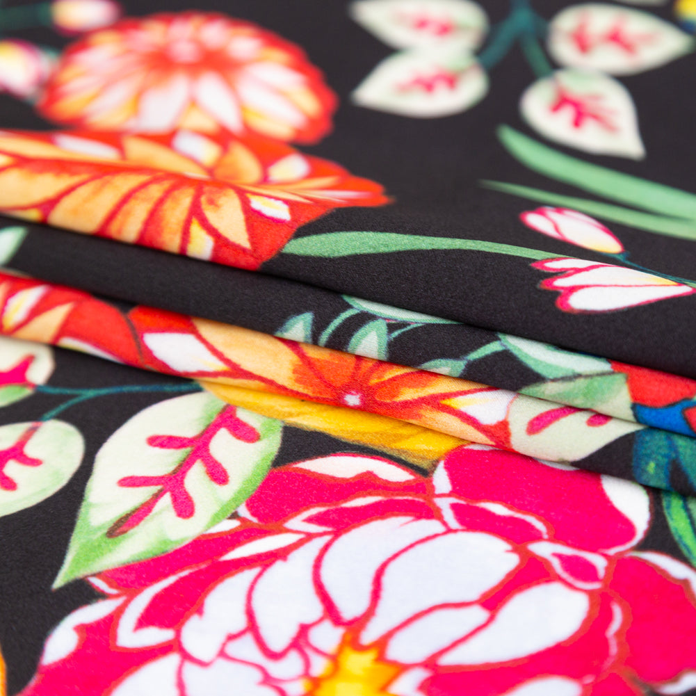 Mood Exclusive Italian Black, Green and Tangerine Floral Digitally Printed Silk Charmeuse - Joann Fabrics