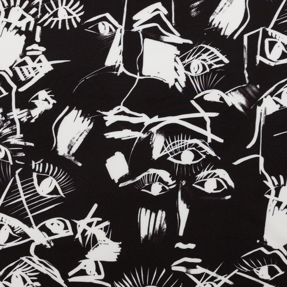 Stretch Polyester Crepe - Black and White Sketched Eyes - Ghosts and Family Legends Print - Mood Exclusive Crow Collection - Joann Fabrics