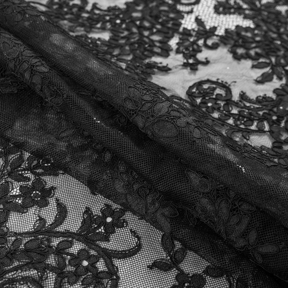 Fancy Corded Lace with Scalloped Eyelash Edges - Black Floral - Joann Fabrics