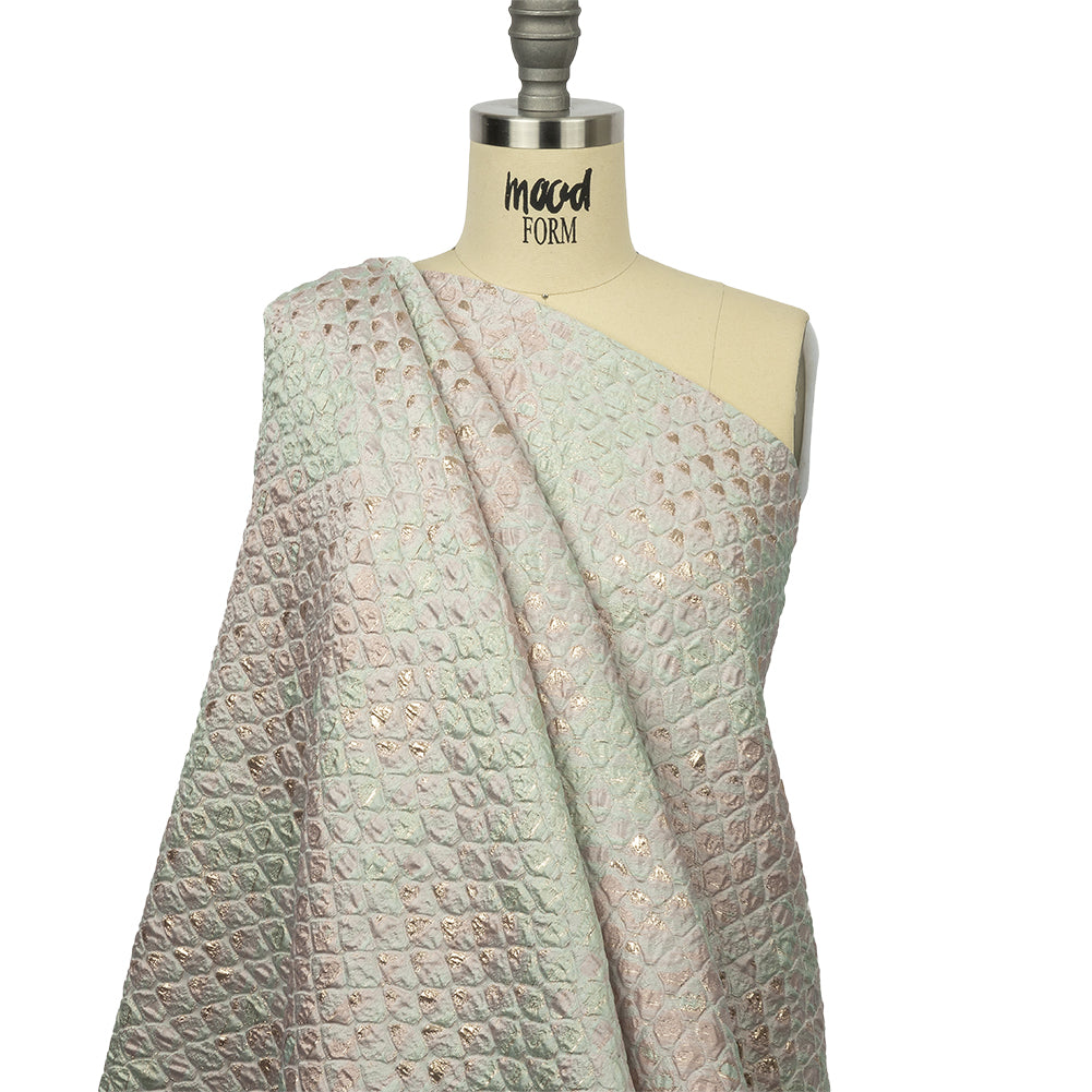 Metallic Gold, Seafoam Blue and Light Pink Abstracted Scales Luxury Brocade - Joann Fabrics