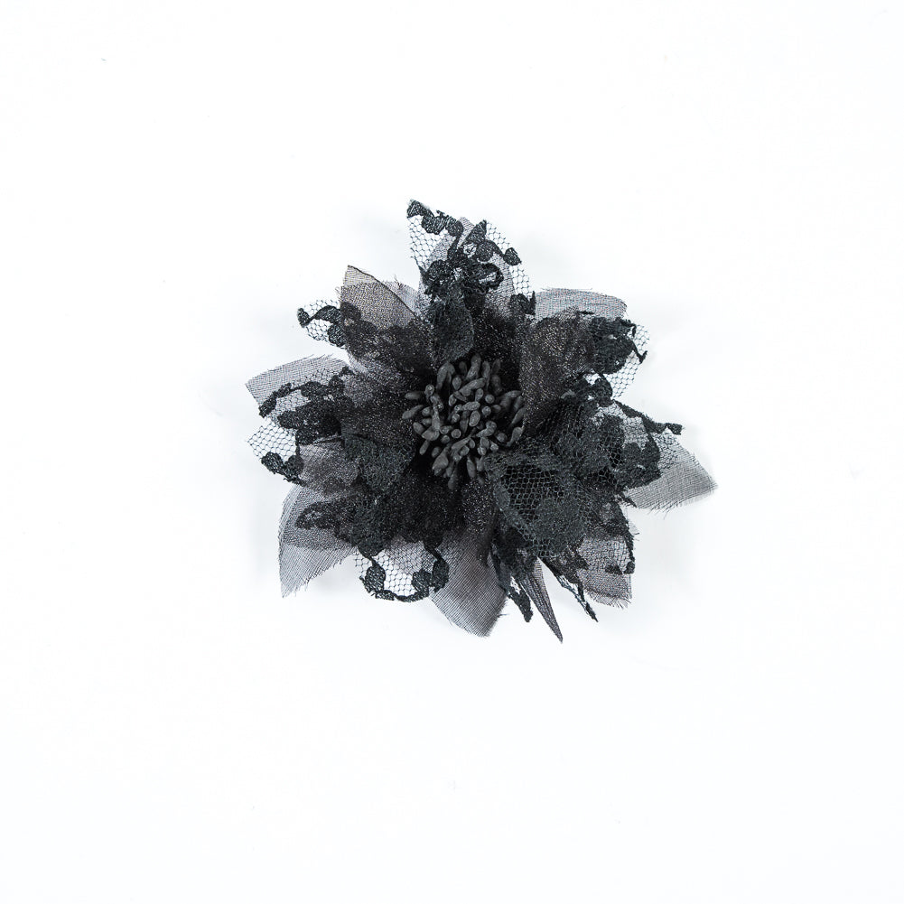 Black Organza and Lace Flower Pin - 4