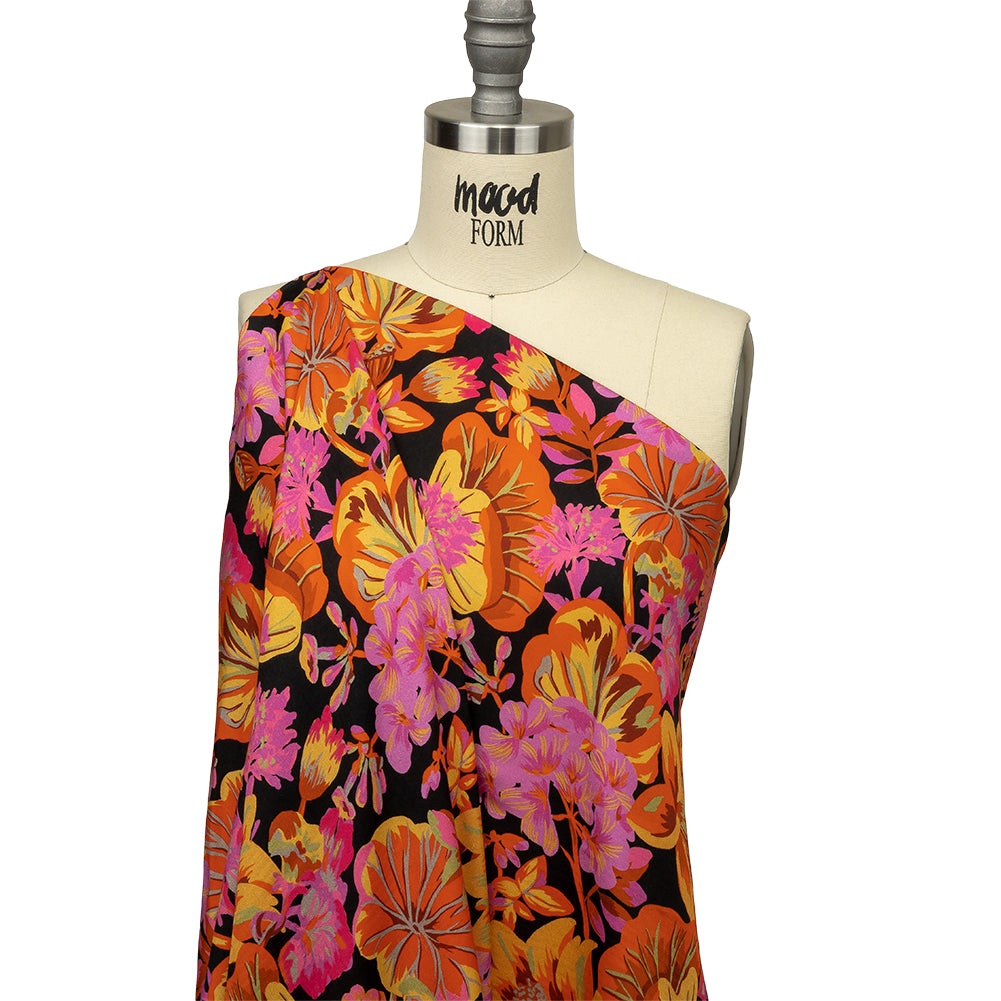 Rayon Challis - Black, Pink and Yellow Floral - Tangerine Dreams Print - Mood Exclusive Citrus Collection - Joann Fabrics