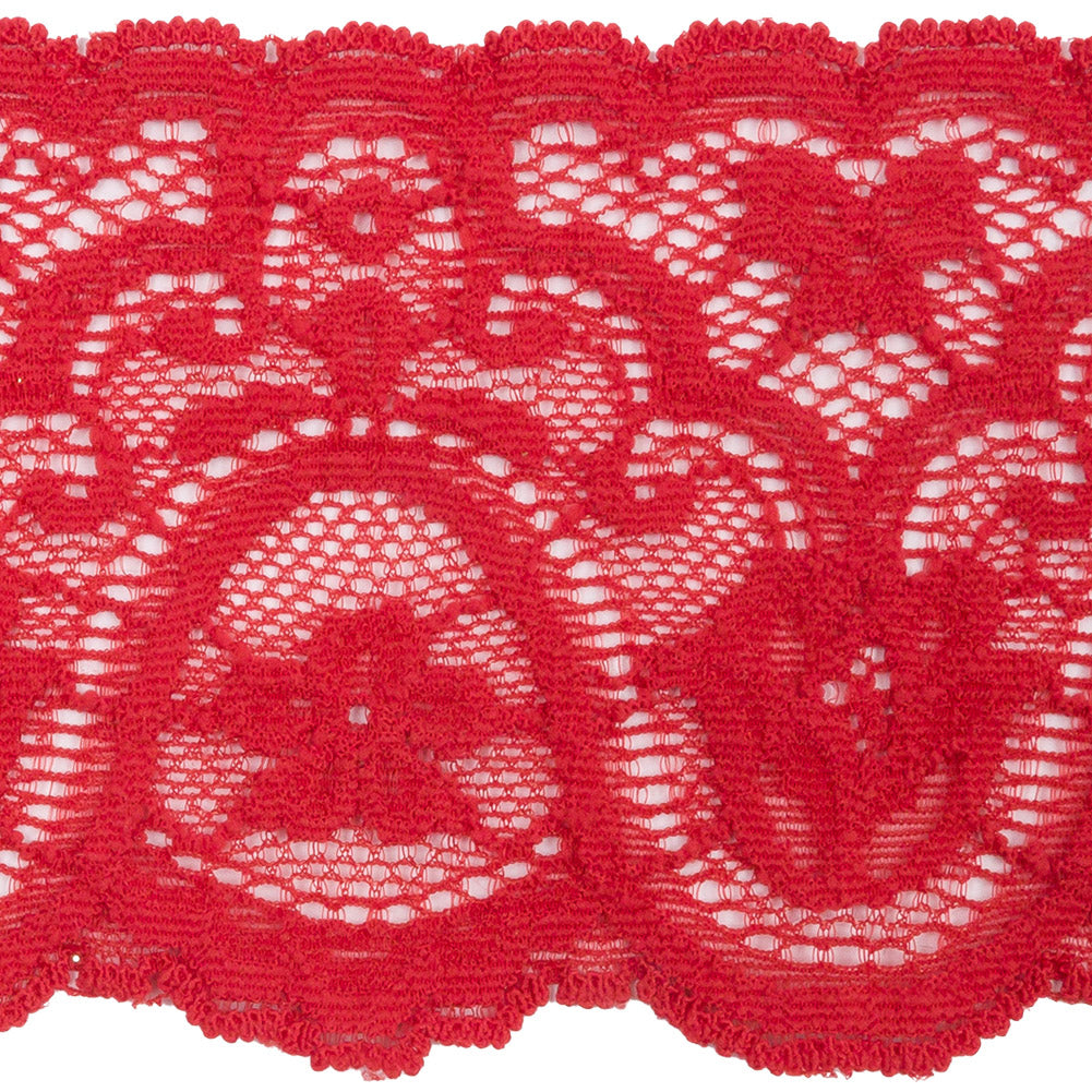 Scarlet Floral Waves Stretch Lace Trim with Scalloped Edges - 2.875