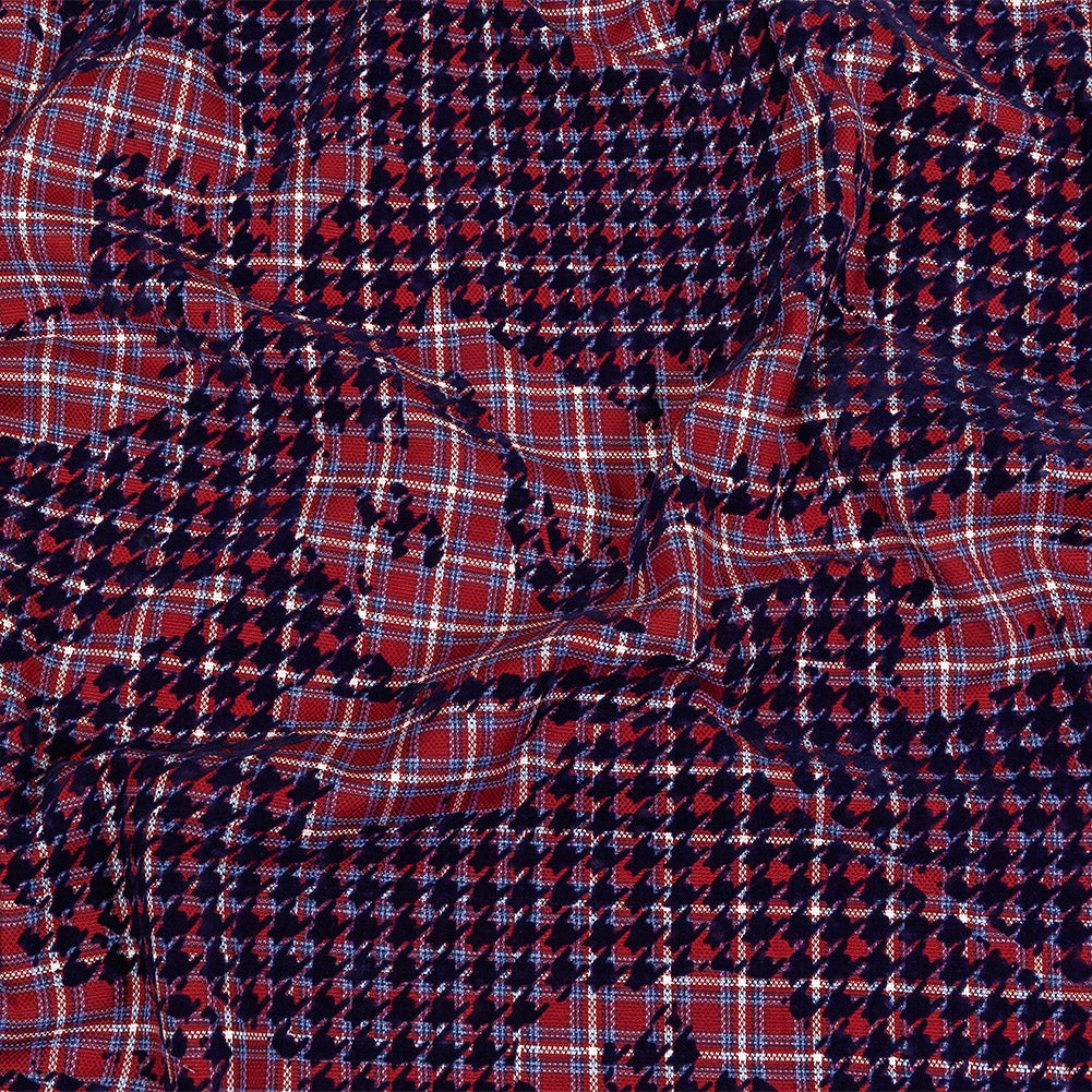 Navy, Red and White Negative Space Florals in Flocked Houndstooth on Plaid Rustic Cotton and Polyester Woven - Joann Fabrics