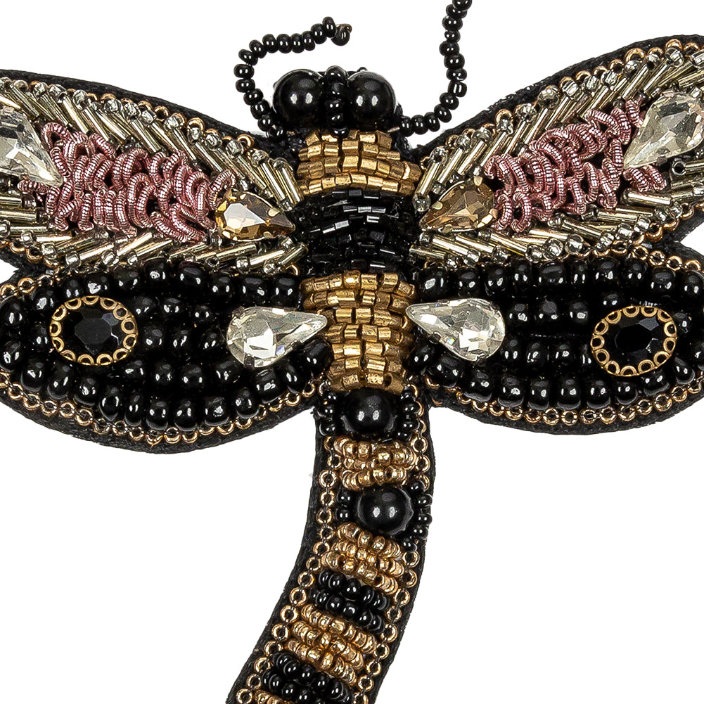 Black, Gold and Ballet Dancer Dragonfly Rhinestone and Glass Beaded Applique - 3.25