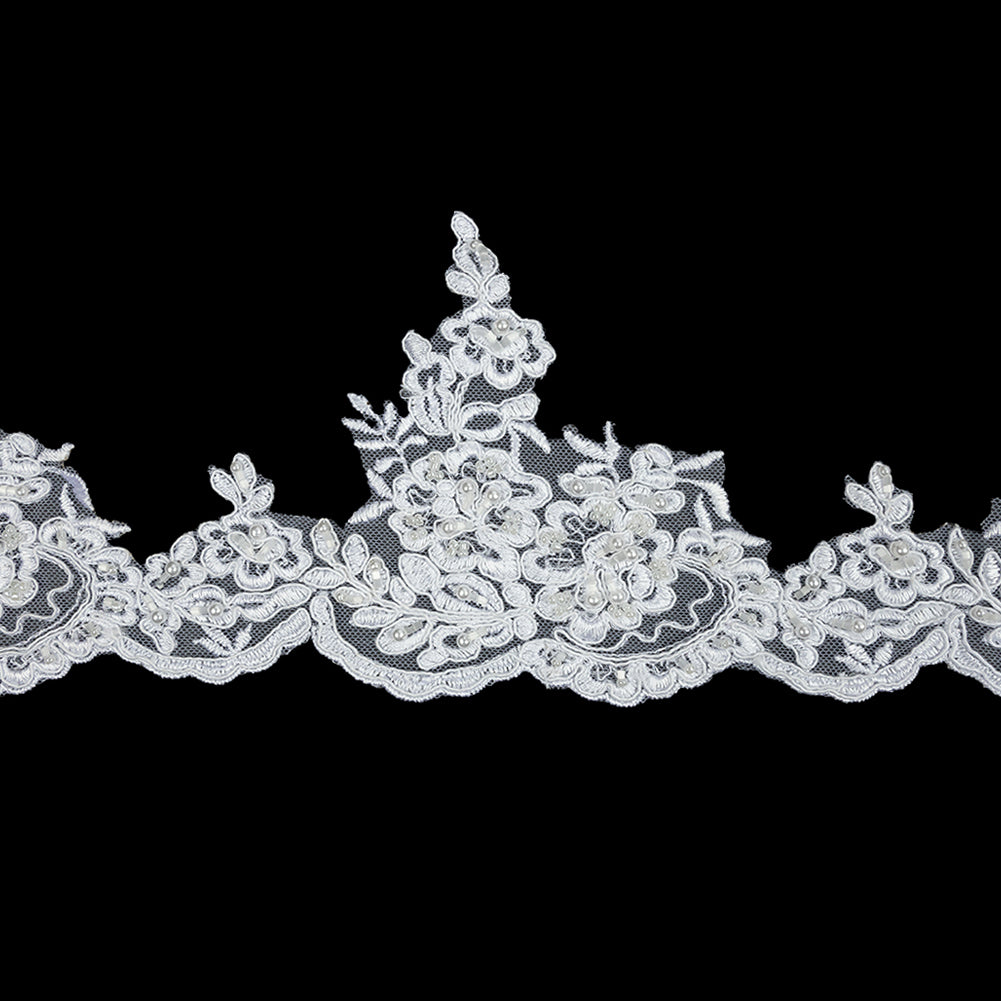White Floral Scalloped Beaded and Corded Bridal Lace Trim - 5.5
