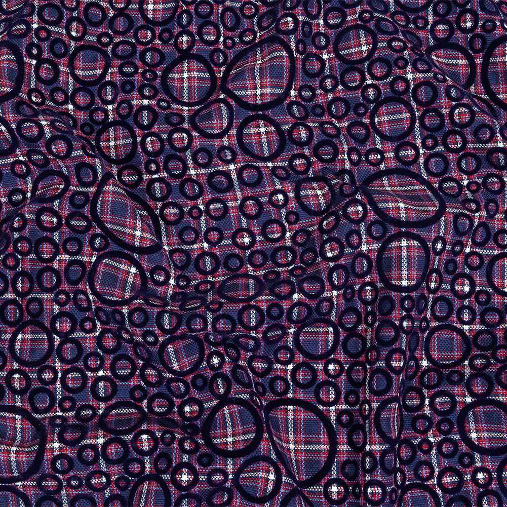 Estate Blue, Red and Navy Flocked Circles on Plaid Rustic Cotton and Polyester Woven - Joann Fabrics