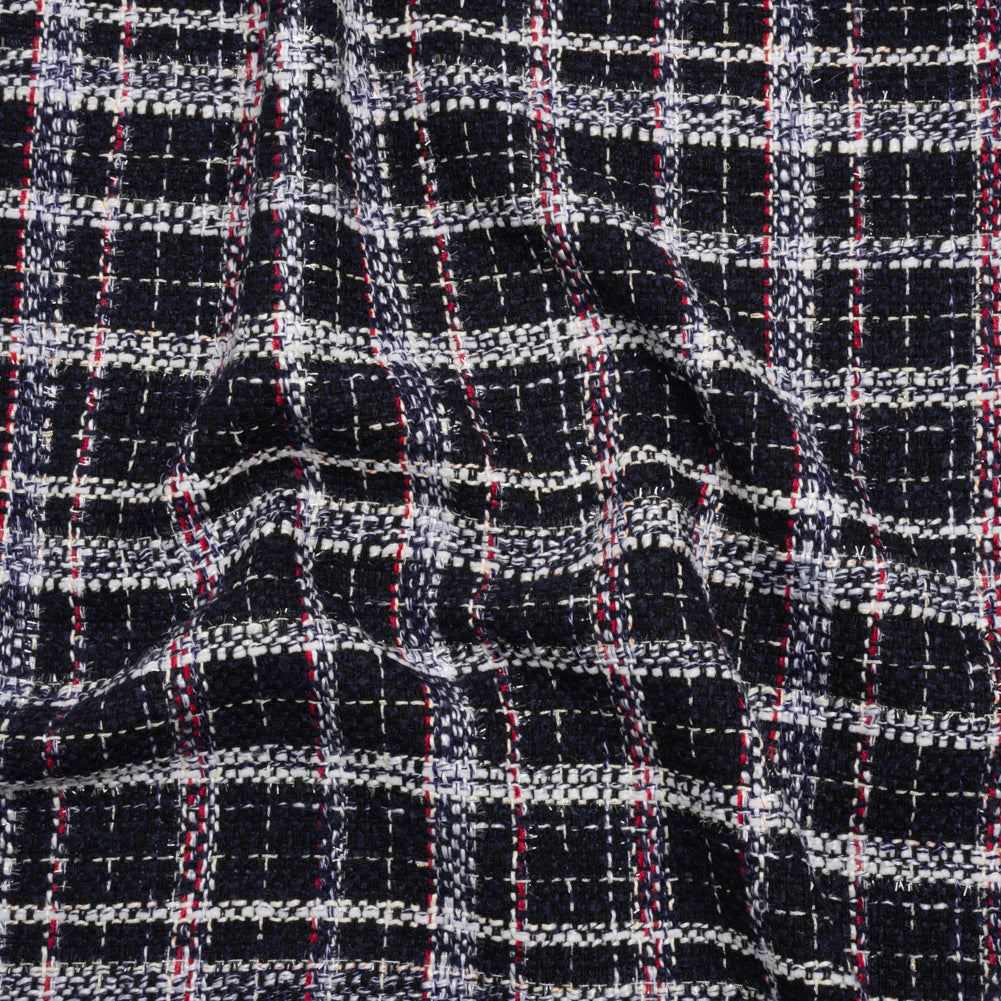 Tweedy Boucle Woven with Metallic Eyelash Fringe - Navy, White and Red Plaid - Deadstock - Joann Fabrics
