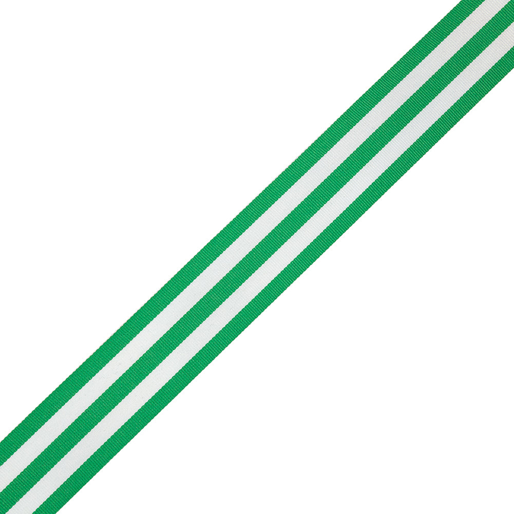 Fern Green and White Awning Stripes Ribbed Woven Ribbon - 1.5
