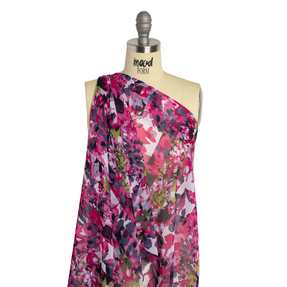 Polyester Georgette Print - Pink, Navy and Olive Green Floral Stripes - Designer Deadstock - Joann Fabrics