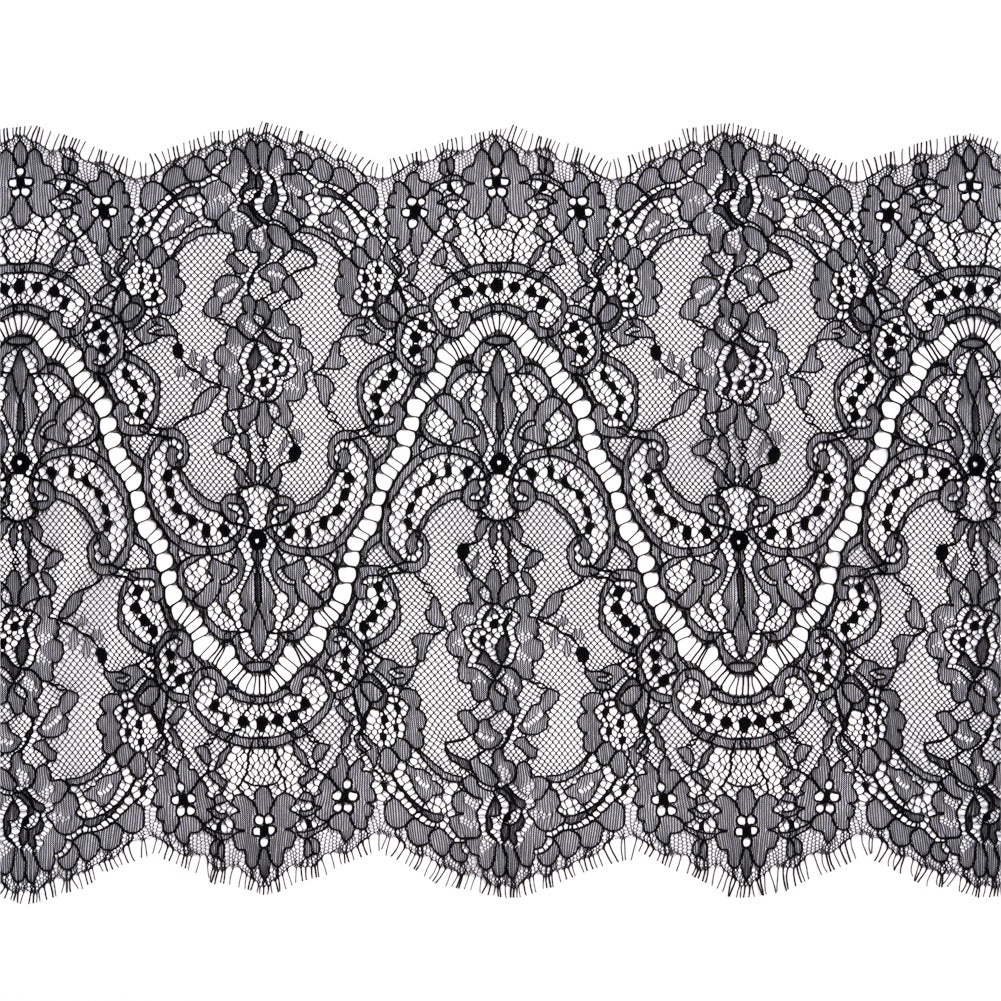 Black Floral Scalloped Re-Embroidered Lace Trim with Eyelash Fringe - 11.25