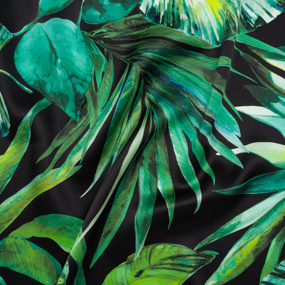 Silk Charmeuse Print 16MM, Made in Italy - Black and Green Tropical Leaves - Joann Fabrics