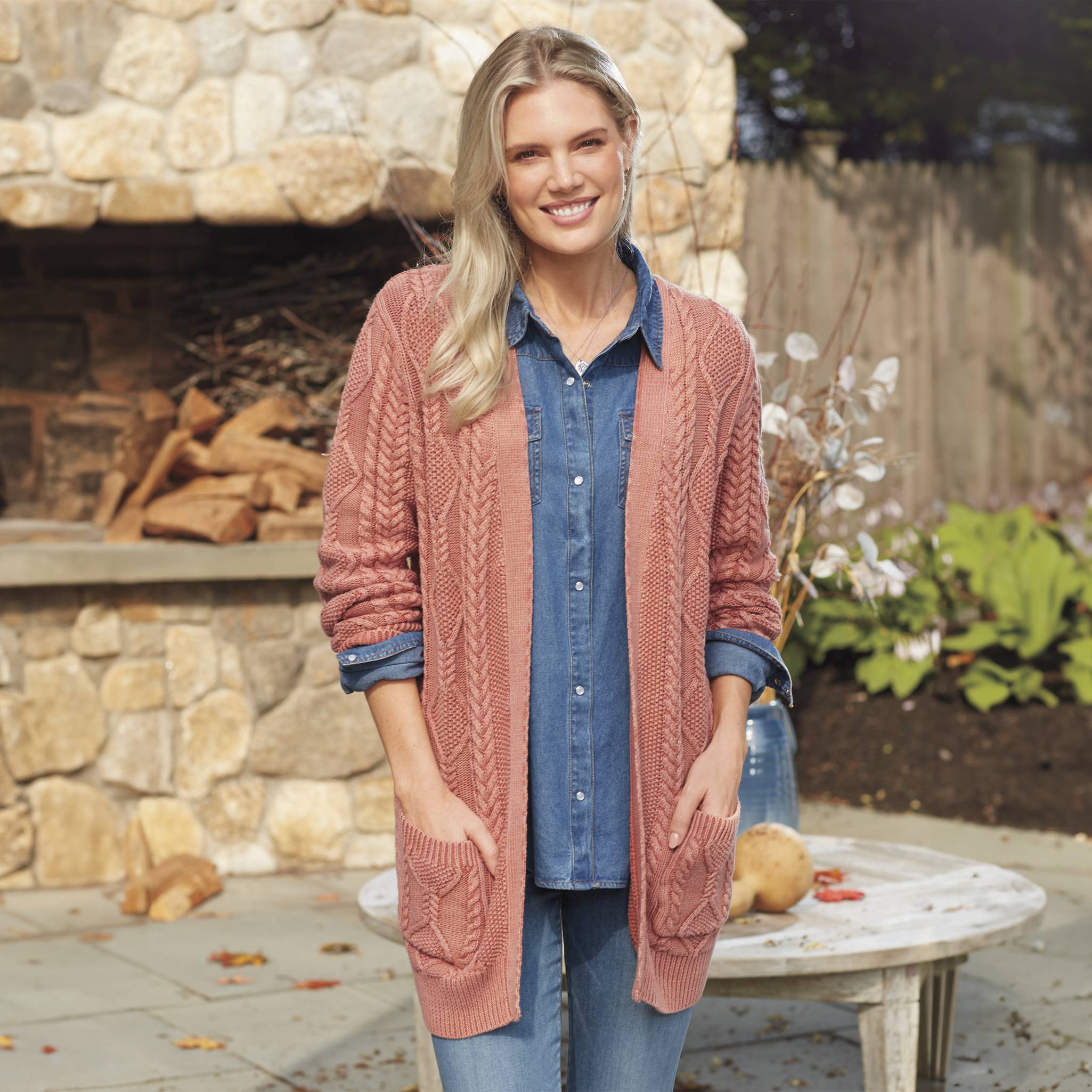 Vintage-Wash Cotton Cable Cardigan, Front Pockets, Long Sleeves - Northstyle Catalog