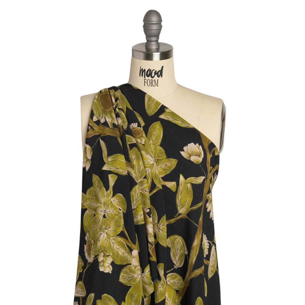 Sustainable Viscose Crepe Print - Black and Leaf Green Floral - Mood Exclusive Dolomite Daisies - Joann Fabrics
