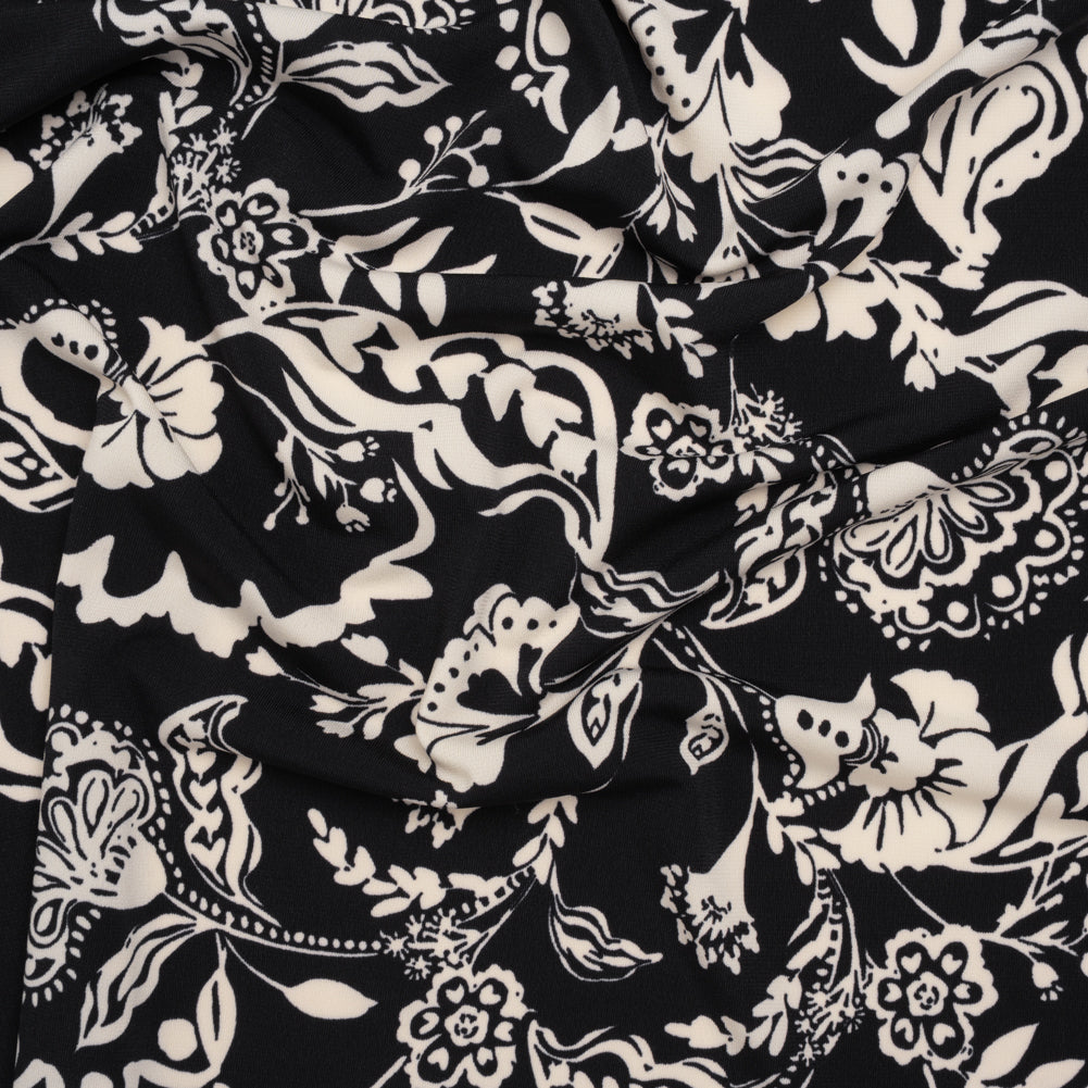 Stretch Polyester Tricot Print - Black and Cream Jacobean Florals - Designer Deadstock - Joann Fabrics