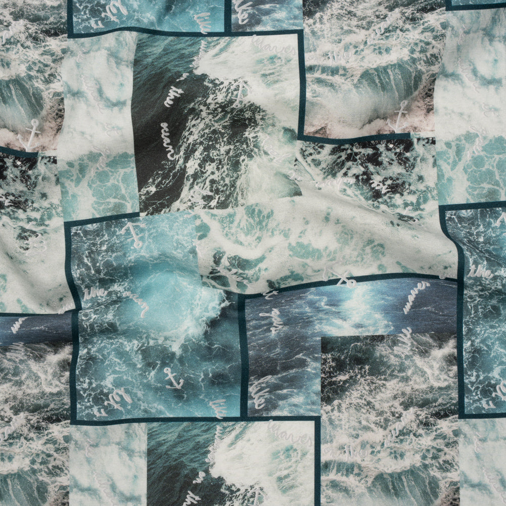 Brushed Cotton Woven - Blue and Gray Ocean Waves Collage - Mood Exclusive Currents & Cursive Print - Joann Fabrics