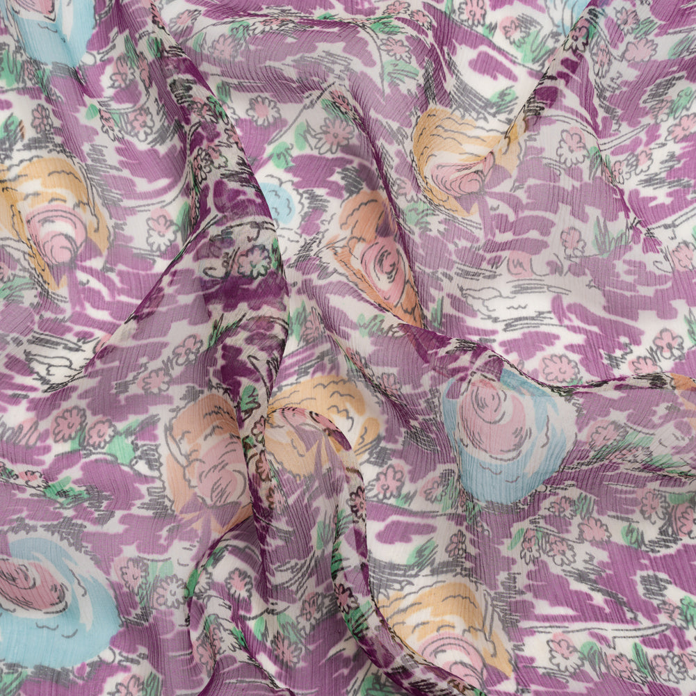 Plum, Beige and Sky Blue Garden Frolick Crinkled Silk Chiffon - Joann Fabrics