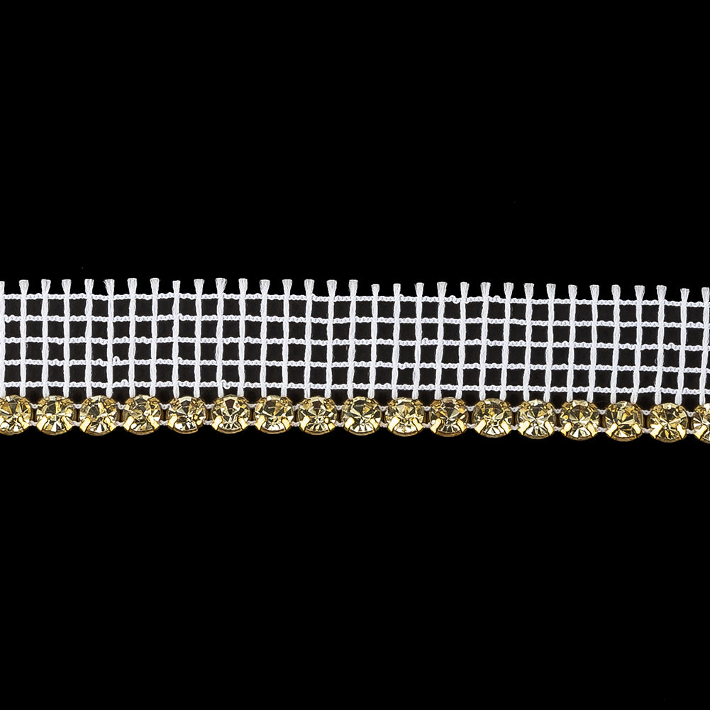 Vintage One Row Czech Crystal Rhinestones in Gold Settings on White Mesh - 0.75
